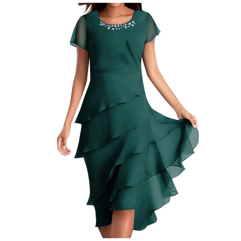 Women's Round Neck Chiffon Layered Midi Dress in Dusty Blue - Image 7
