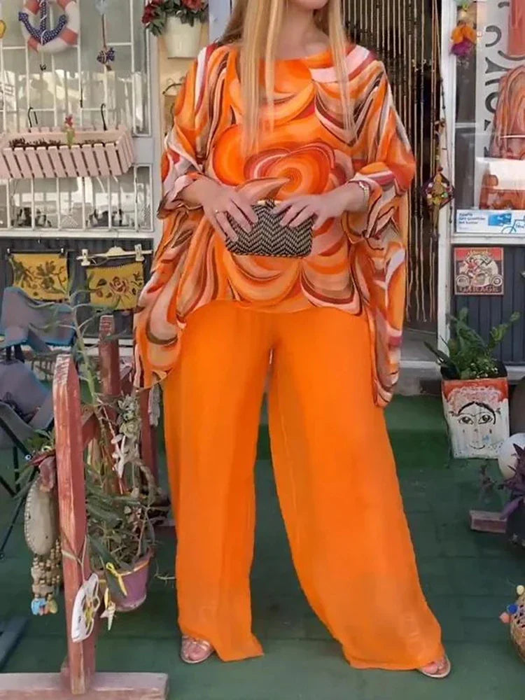 Women Chiffon Two Piece Set Printed Long Sleeve Top Wide Leg Pants - Image 5