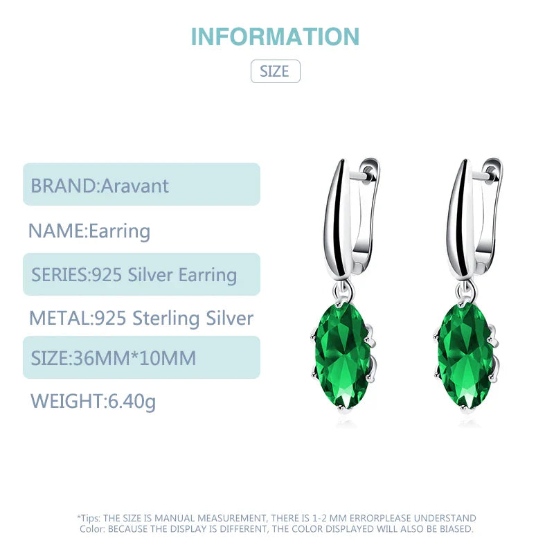 Aravant 925 Silver Oval Green Zircon Drop Earring For Women Fashion Wedding Jewelry