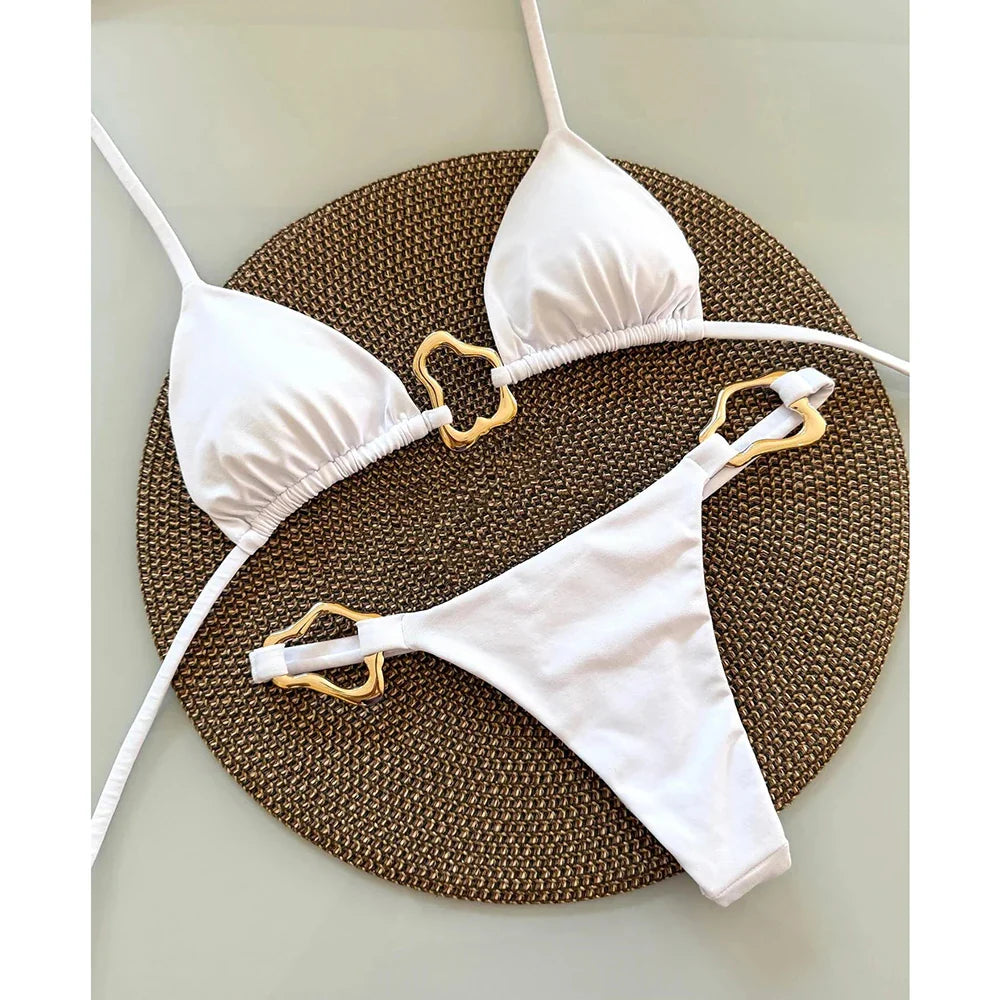 Women's Micro Halter Bikini Set with Gold Tone Ring Details - Image 3