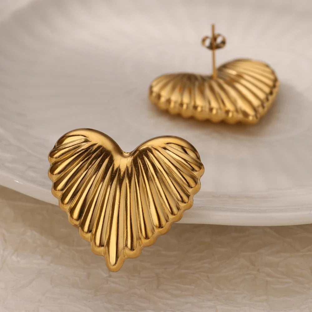 Heart Stripe Chunky Stud Earrings for Women Stainless Steel Gold Color Wedding Aesthetic Earring New Jewelry Accessories BFF