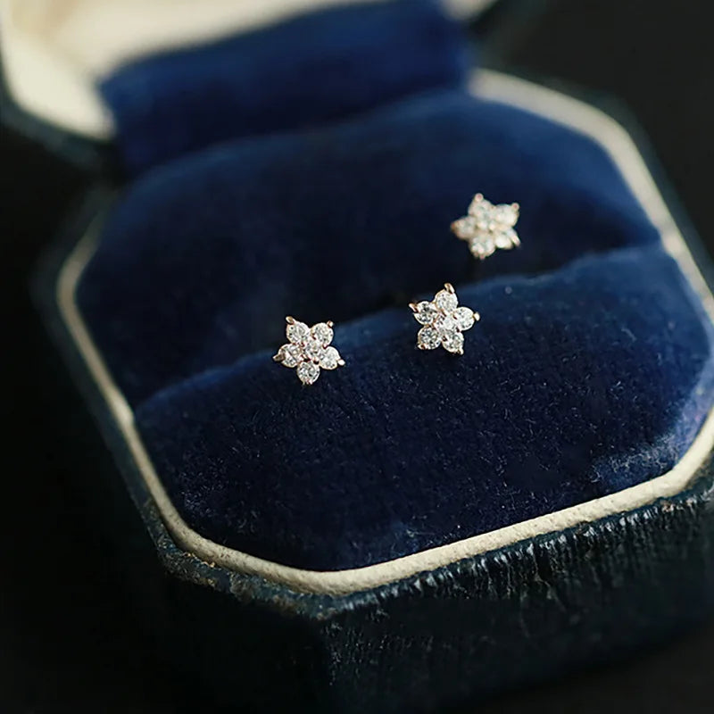 Pentagram Small Flower Zircon Stud Earrings S925 Sterling Silver Elegant Popular Female Accessories Gifts Party All Occasion