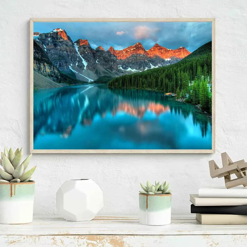 Nature Landscape Green Forest Mountain Lake Boat Poster Print Canvas Painting Wall Art Pictures Modern Living Room Home Decor