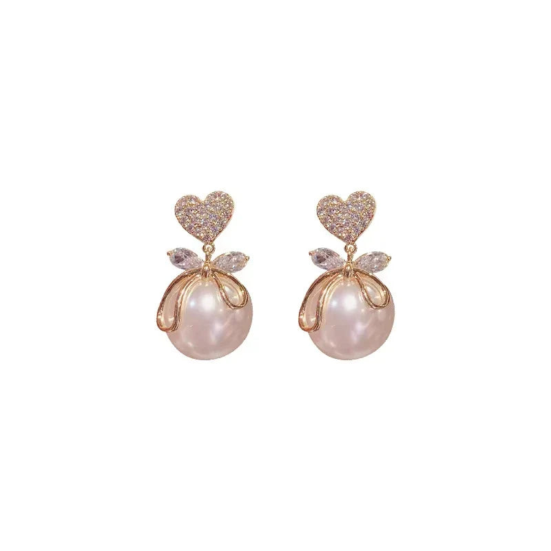 Korean Heart Drop Earrings For Women Girl Romantic Valentine's Day Gift Fashion Jewelry Trend Hanging Pearl Cute Bowknot Earring