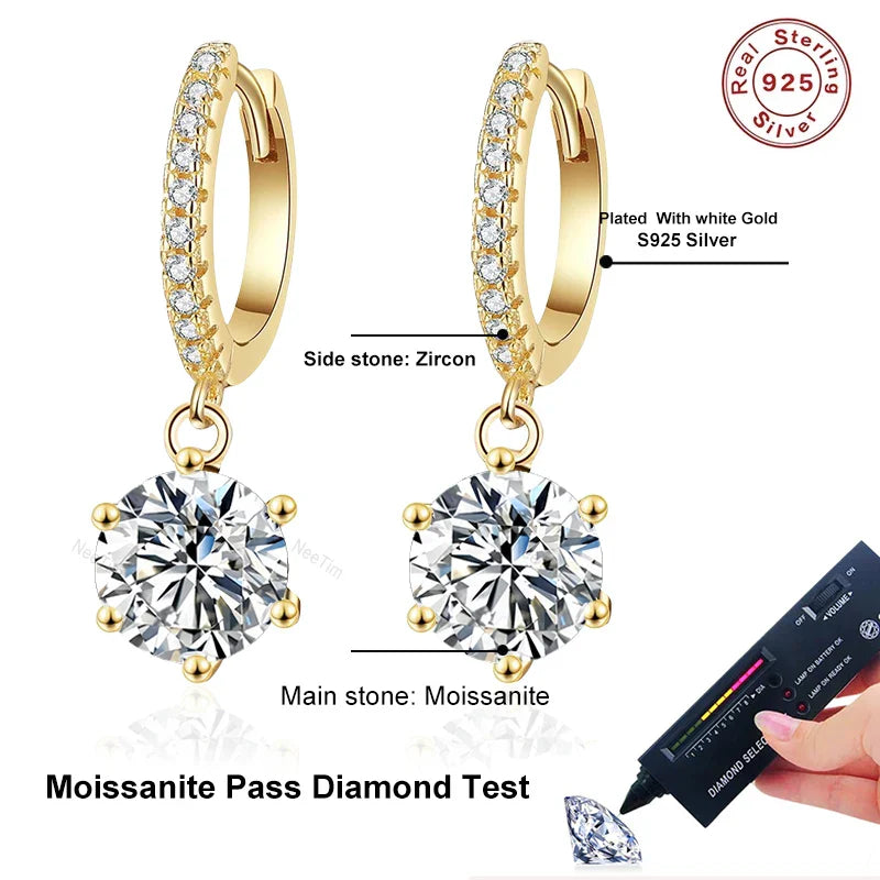 NeeTim 0.5ct 1ct Moissanite Drop Earrings S925 Sterling Silver with Gold Plated Wedding Jewelry With Certificate Hoop Earrings