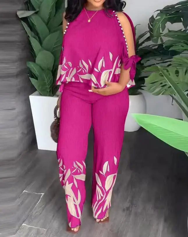 Women Two Piece Set Cold Shoulder Top and Straight Leg Pants - Image 15
