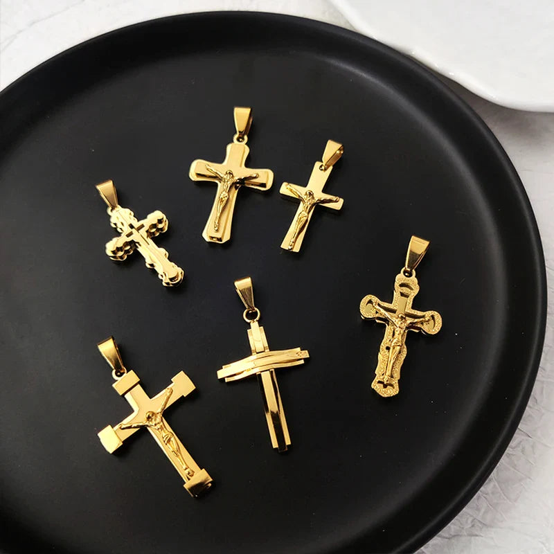 Trendy Men's 18K Gold Plated Stainless Steel Cross Pendant Necklace Christian Wedding Gift Jewelry Hiphop Style