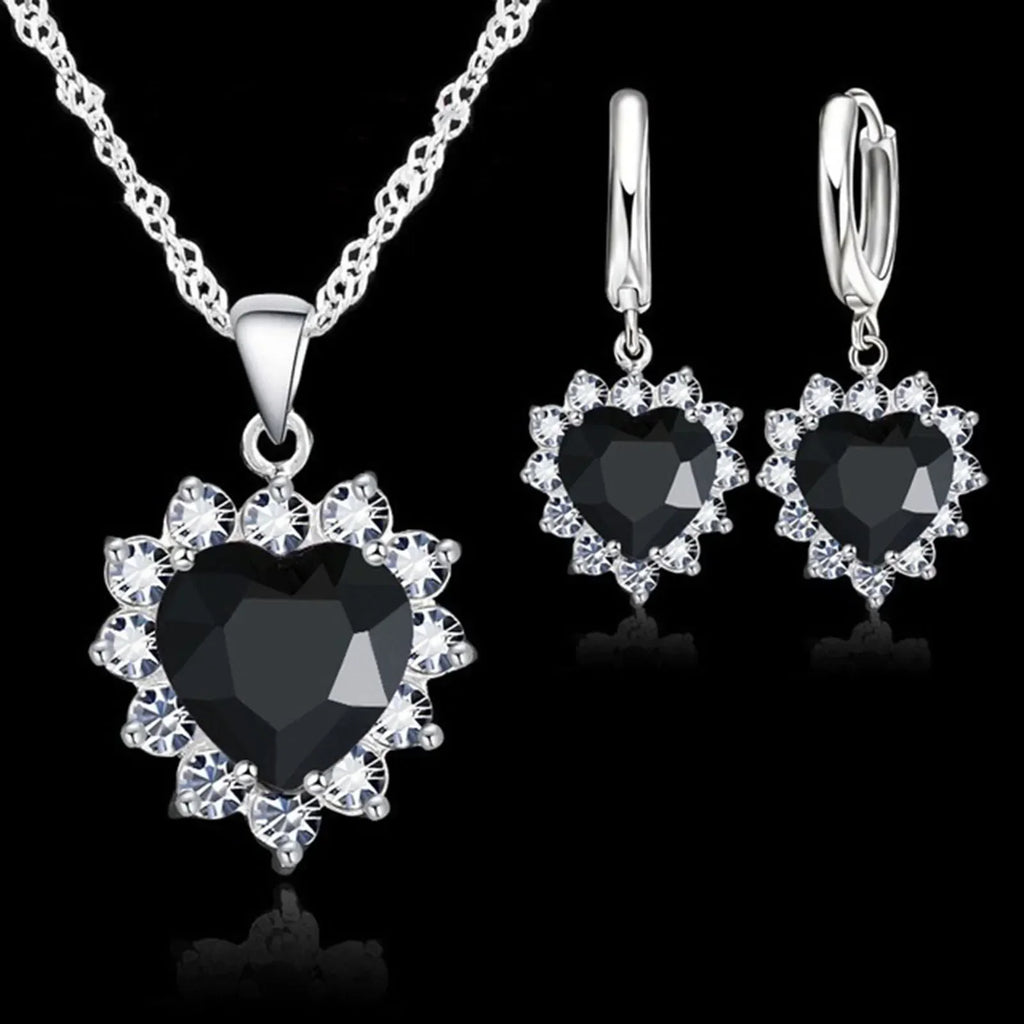 Top Sale Wding Engagement Anniversary Gift Jewelry Sets 925 Silver Color Stamped Heart Pendant Hoop Earrings for Women Girls