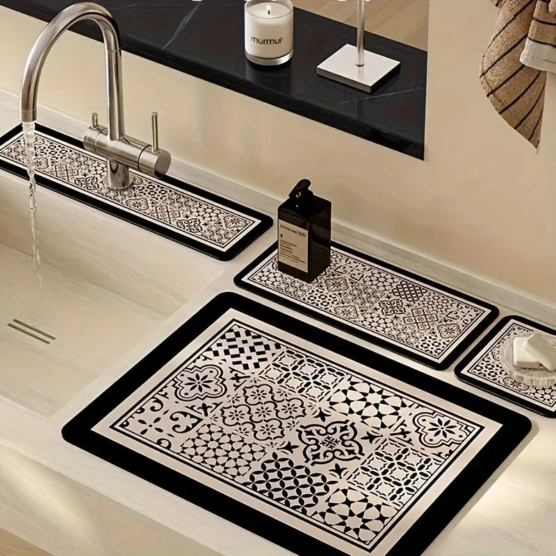 Retro Style Sink Splash-Proof Faucet Mat Kitchen Absorbent Mat Table Mat Wash Basin Waterproof Protective Mat Bathroom Mat