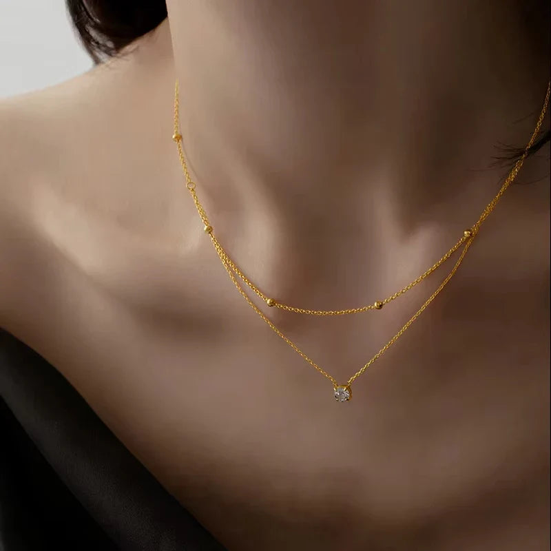 Stainless Steel Light Luxury Charm White Round Zircon Pendant Double layer Necklace Lady Classic Neck Chain Jewelry