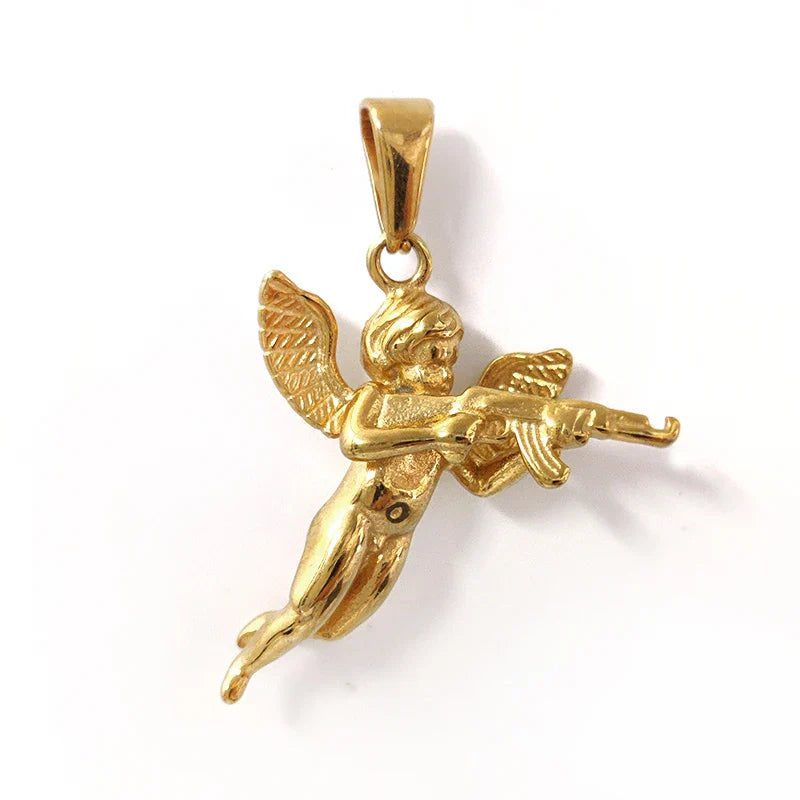 3D Angel with Gun Pendant Necklace for Men - 18K Gold Plated & 316L Steel Rope Chain Hip Hop Gothic Jewelry Gift Cupid's Reveng