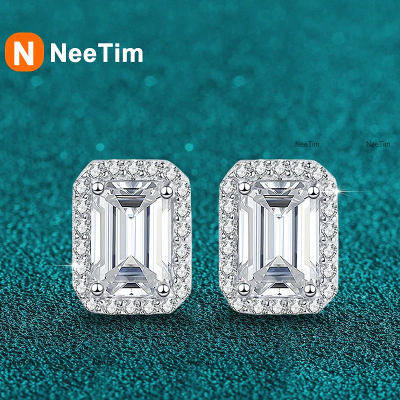 NeeTim 0.5CT 1CT 2CT Emerald Cut Moissanite Stud Earrings for Women Radiant Cut Bridal Classic Studs Jewelry S925 Silver Earring