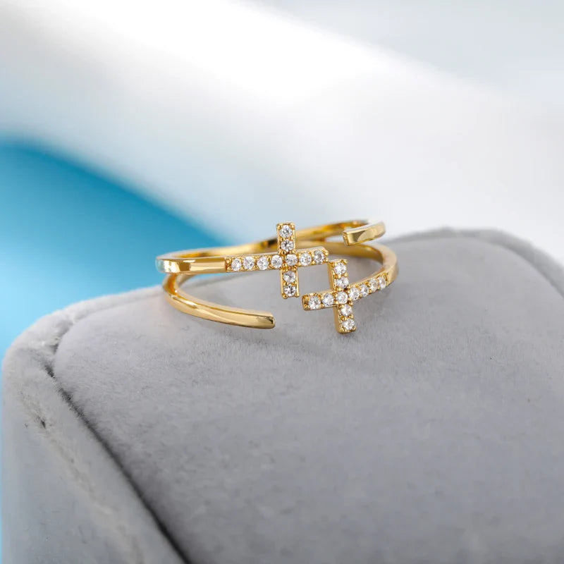 Zircon Double Cross Rings For Woman Stainless Steel Gold Color Shiny Opening Ring New Luxury Fashion Wedding Jewelry Gift Bague