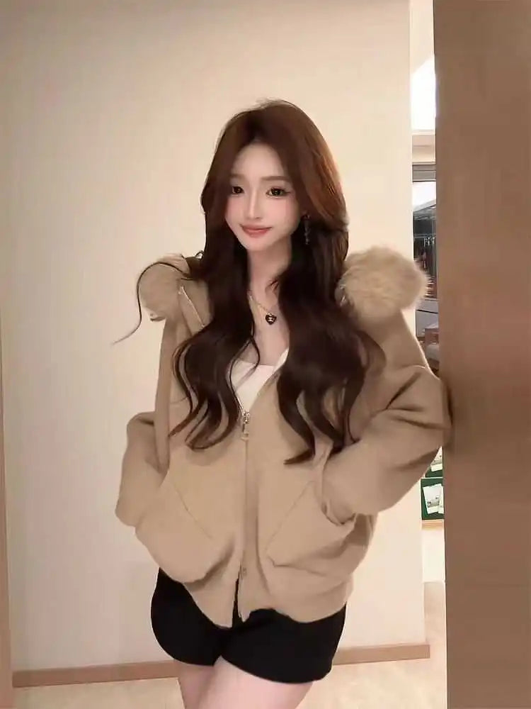 Women's Loose Hooded Faux Fur Trim Zipper Jacket - Image 11