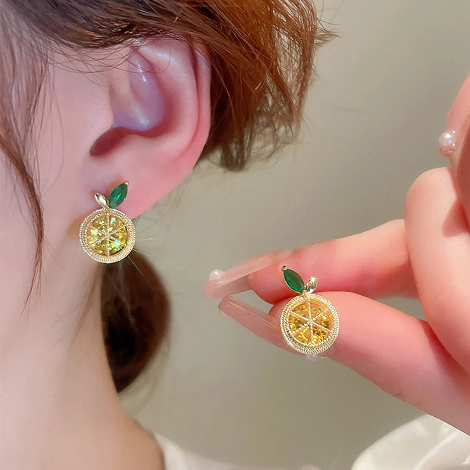 Yupsk Korean Cute Orange Lemon Fruit Stud Earrings for Women Girls Delicate Yellow Cubic Zirconia Fashion Daily Ear Accessories