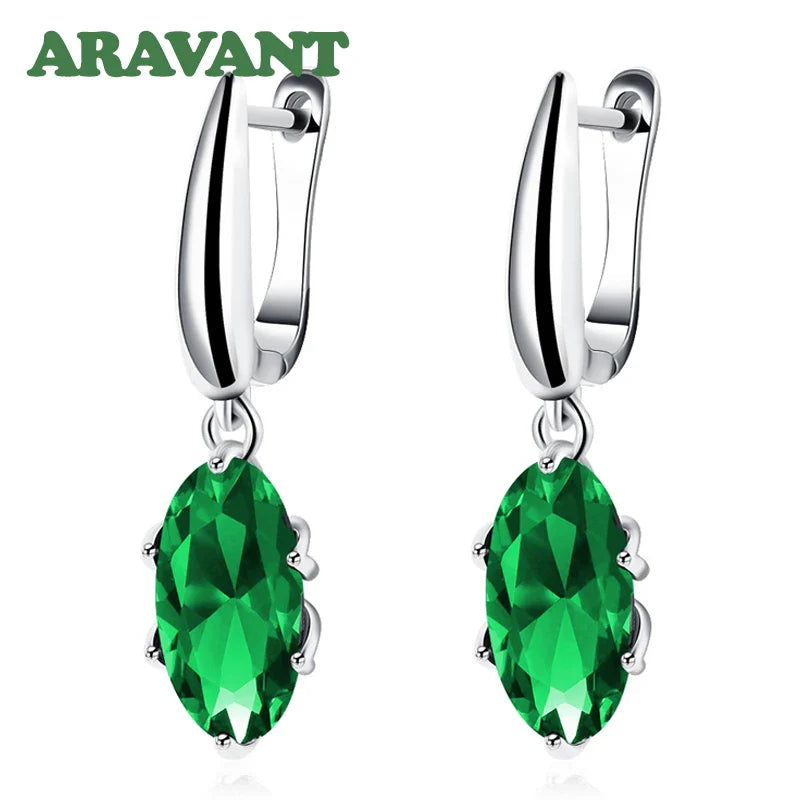 Aravant 925 Silver Oval Green Zircon Drop Earring For Women Fashion Wedding Jewelry