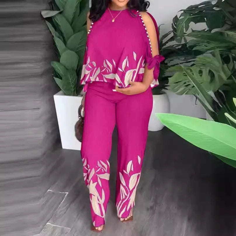Women Two Piece Set Cold Shoulder Top and Straight Leg Pants - Image 4