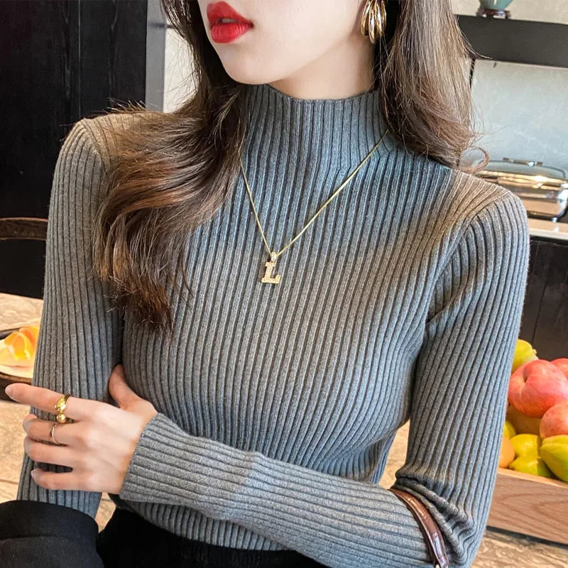Women Mock Neck Ribbed Knit Pullover Long Sleeve Slim Fit Sweater - Image 3