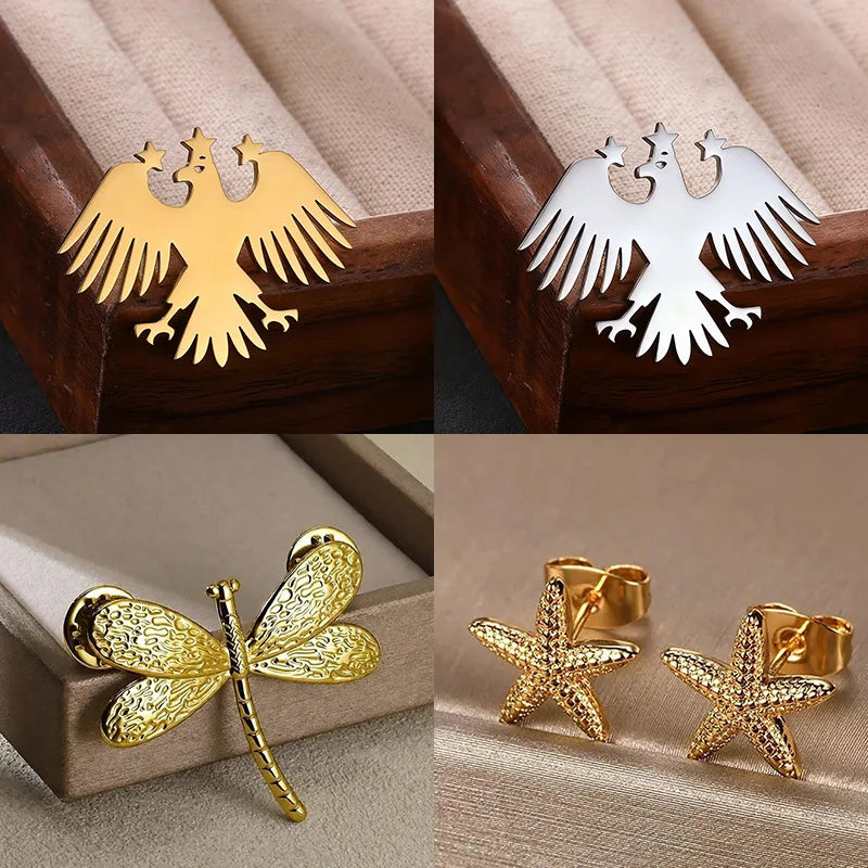 Gold Color Punk Eagle Brooch For Women Men Fashion Geometric Animals Emblem Charm Stainless Steel Jewelry Birthday Father Gift