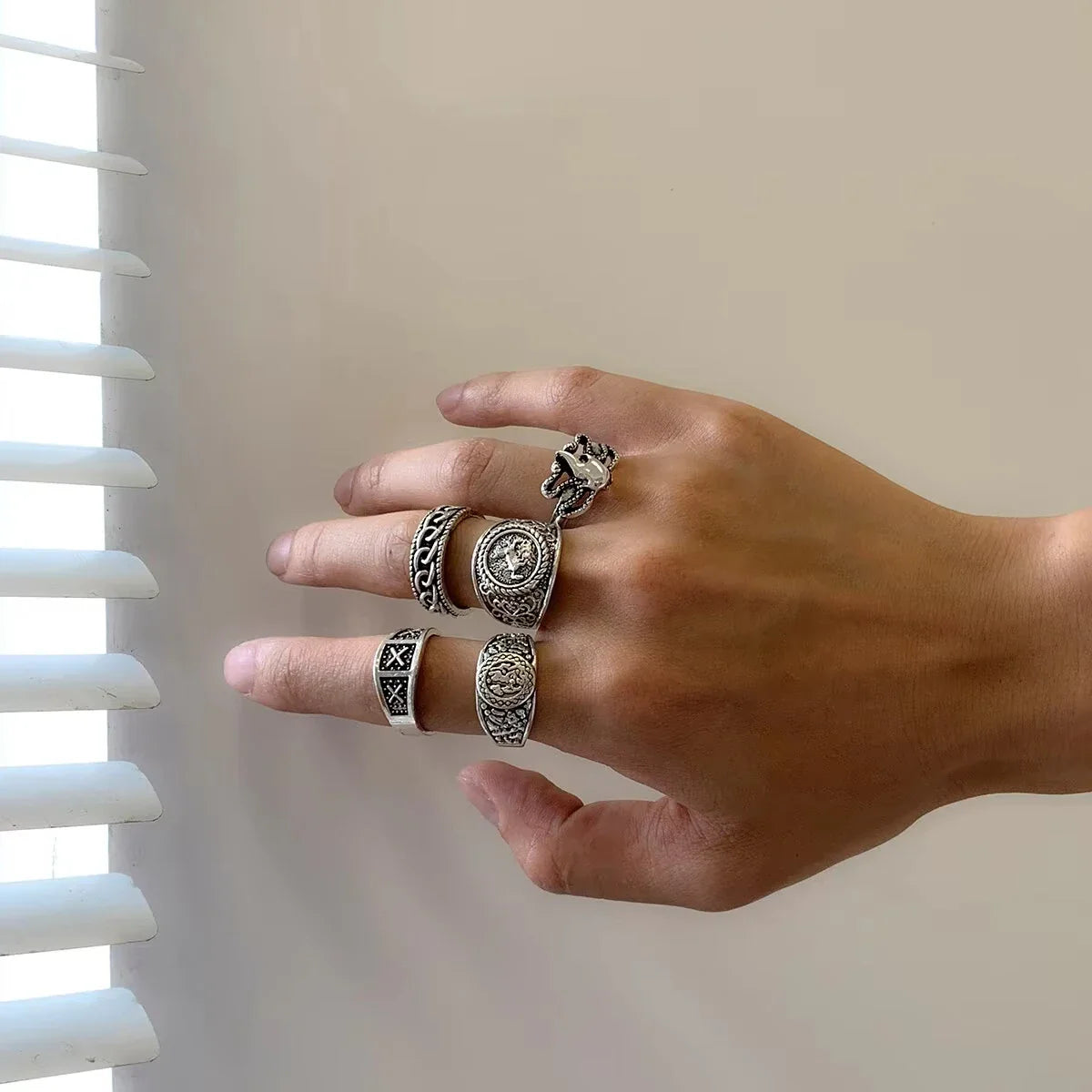 5Pcs/Set Goth Totem Horse Flame Antique Silver Color Rings for Men Unisex Punk Carved Knuckle Male Jewelry Accessories Steampunk