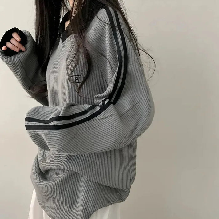 Women Long Sleeve Polo Pullover Sweater Striped Casual Top - Image 10