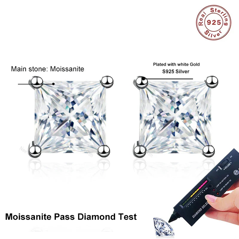 NeeTim 1ct 2ct Princess Cut Moissanite Earrings s925 Sterling Silver Plated with White Gold Plated Ear Studs for Women Jewelry
