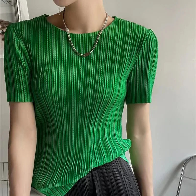 Women's Pleated Short Sleeve Blouse – O-Neck Loose Fit Casual Top for Spring & Summer