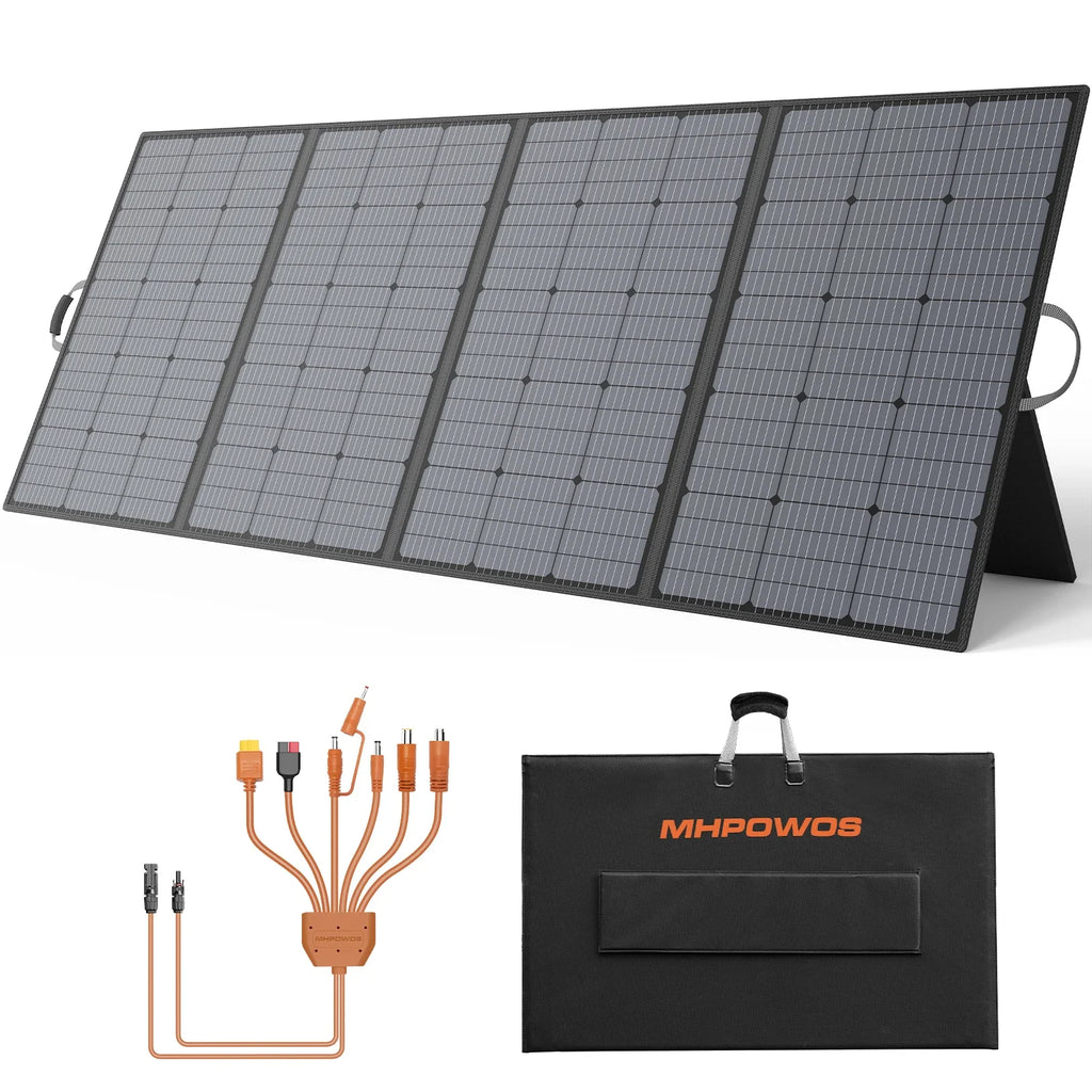 Foldable black and orange 400W solar panel for RV and outdoor camping use
