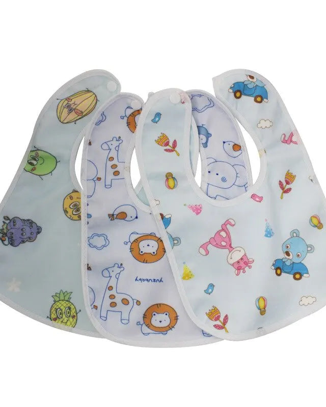 Set of three baby bibs with colorful animal patterns on a white background