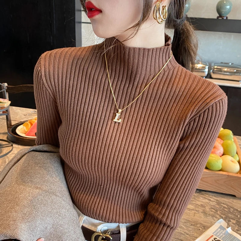 Women Mock Neck Ribbed Knit Pullover Long Sleeve Slim Fit Sweater - Image 2