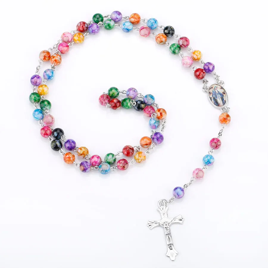 Religion Rosary Prayer Necklace For Women Virgin Mary INRI Cross Pendant Colorful Acrylic Beads Chain Christian Party Jewelry