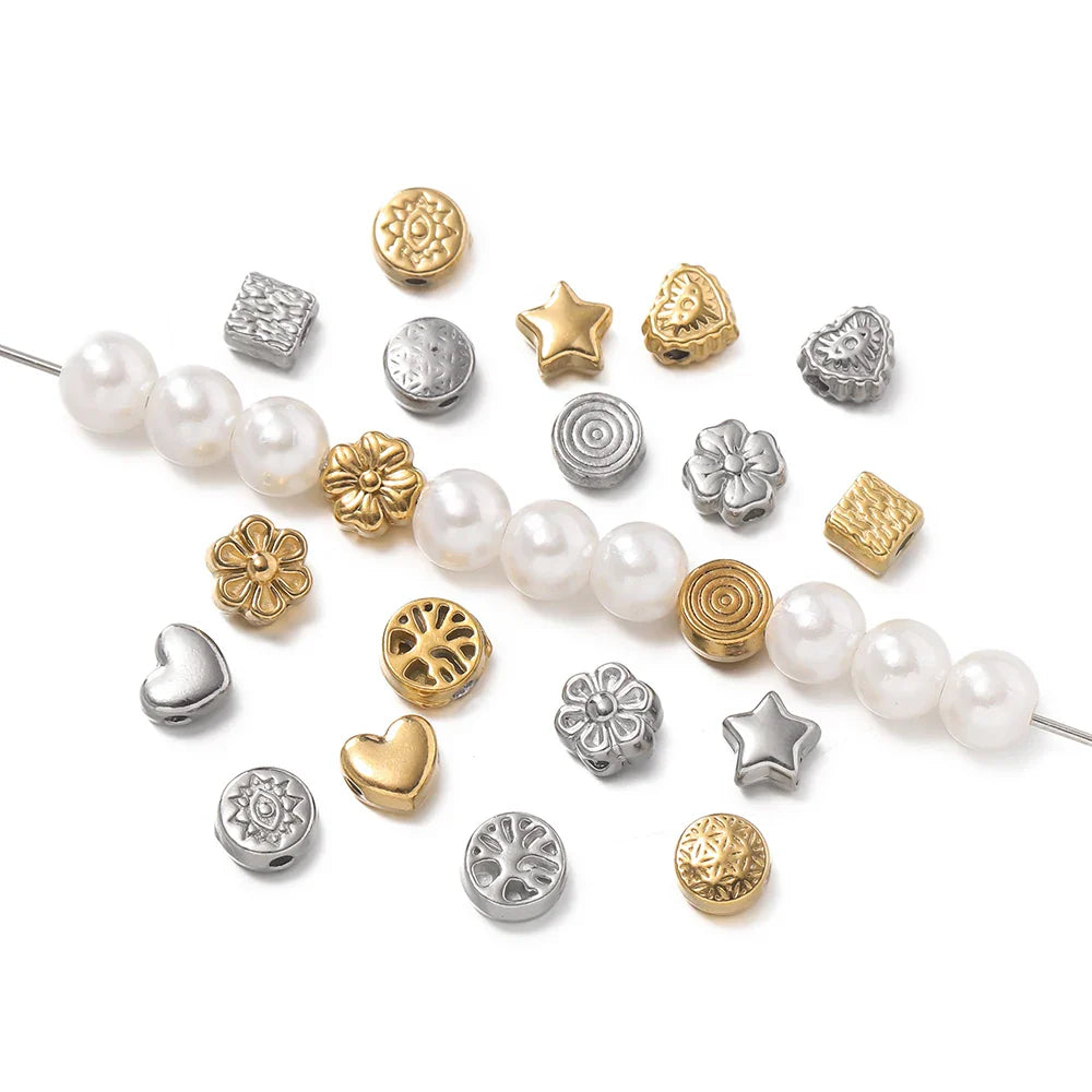 10Pcs/Pack Stainless Steel Various Shape Gold Steel Color Texture Spacer Beads for DIY Bracelet Jewelry Making Accessories