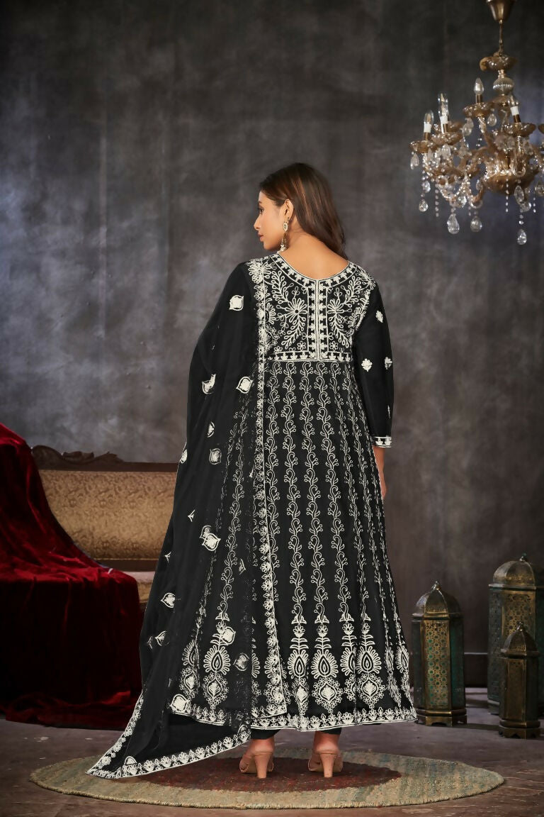 Black Net Embroidered Anarkali Kurta Pant Set with Dupatta