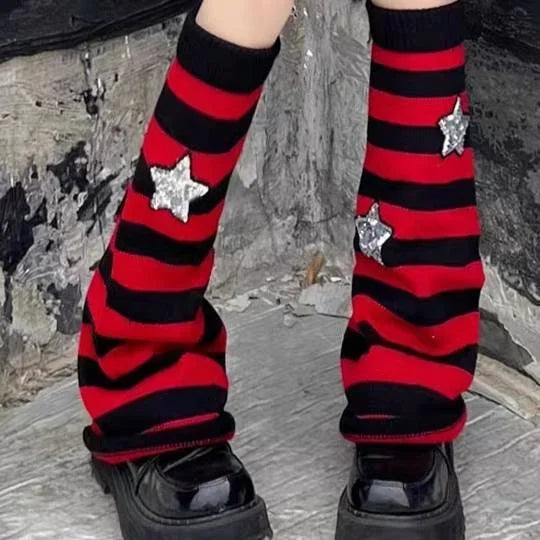 Y2K Punk Knitted Leg Warmers Black White Heart Star Argyle Style - Image 9