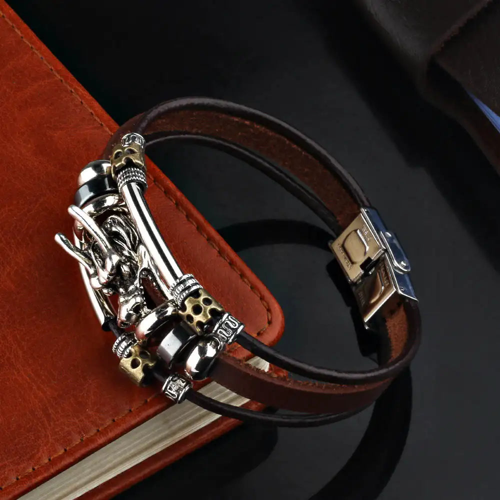 Trend Personalized Jewelry Handmade Leather Dragon Bracelet Men Vintage Multilayer Bracelets Bangles Cuff Bracelet Pulsera
