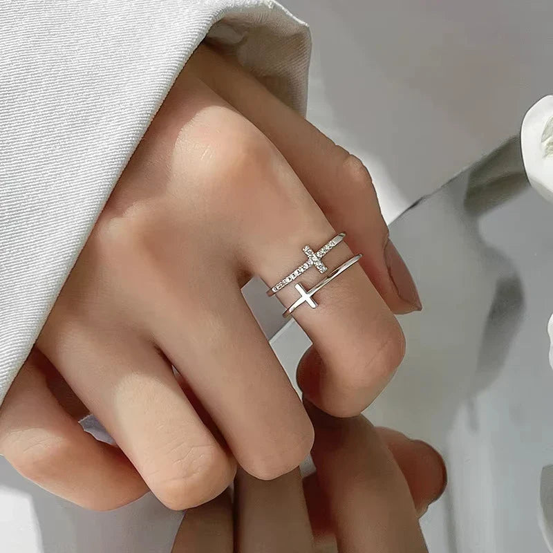 Fashion Double Layer Cross Open Ring For Women Minimalist Gold Silver Color Adjustable Finger Ring Female Party Wedding Jewelry