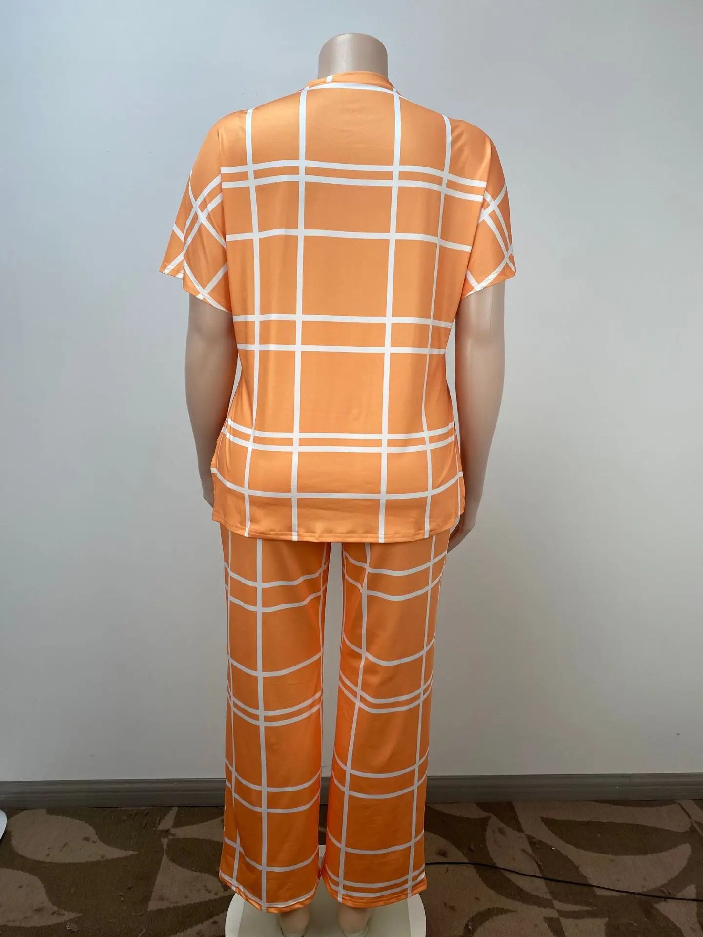 Women's Striped Grid Print Casual Two Piece Short Sleeve Set - Image 19