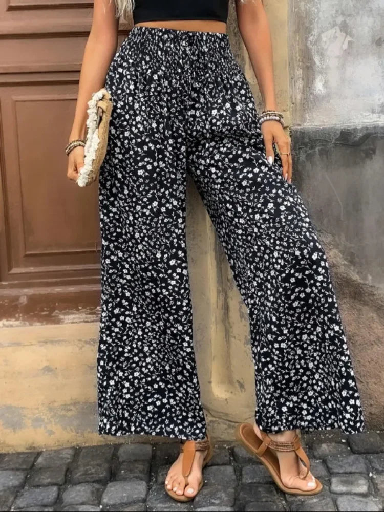 Women's Floral Wide Leg Pants - High Waisted