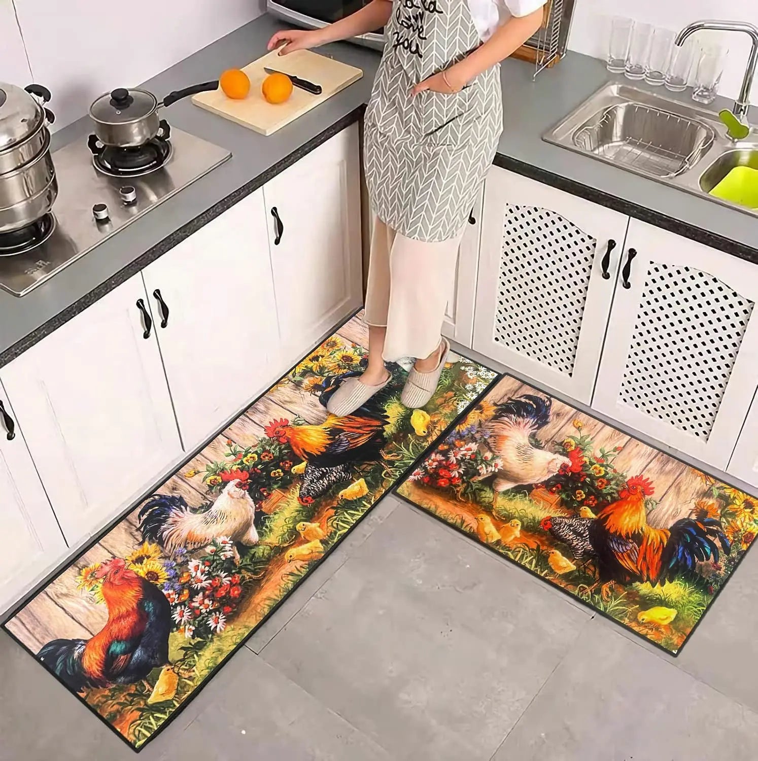 VIKAMA 1/2 pcs Rooster Kitchen Rug Home Decor, Rustic Farmhouse Style Decorative Kitchen Mat, Non-slip Corridor Foot Mat