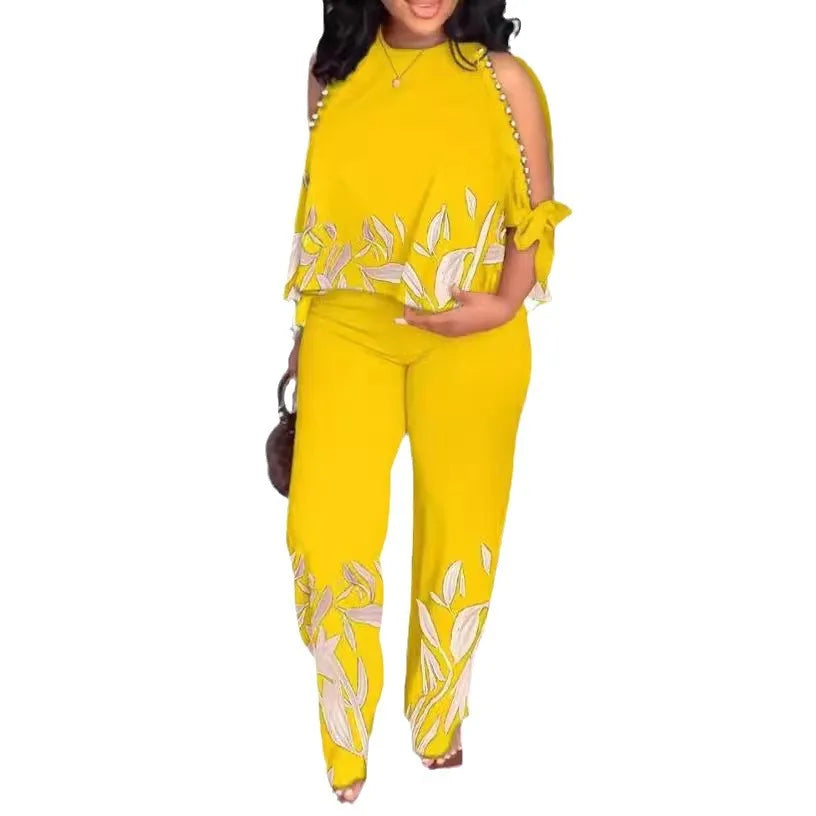 Women Two Piece Set Cold Shoulder Top and Straight Leg Pants - Image 5
