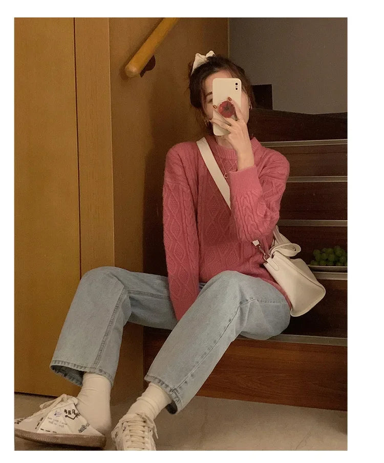 Women's Pink Cable Knit Crew Neck Long Sleeve Sweater - Image 14