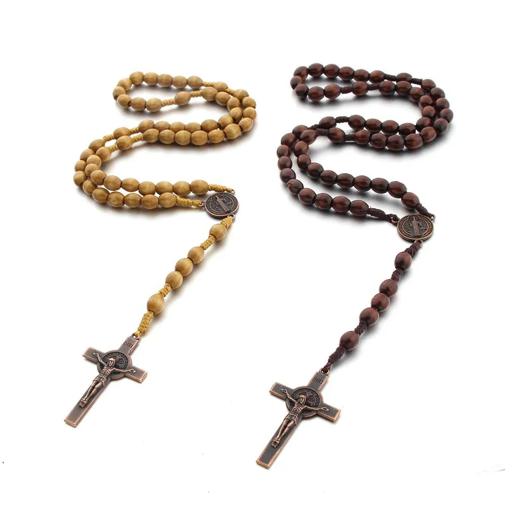 Handmade Wood Beads Rosary Necklace For Women Men Crucifix Cross Pendant Long braided Rope Chain Religious Prayer Jewelry