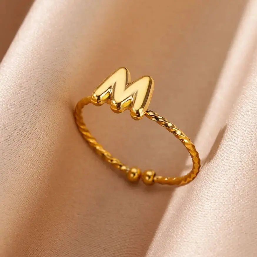 Cute Chunky Initial Letter Rings For Women Gold Color Stainless Steel A-Z Letter Adjustable Ring Aesthetic Wedding Jewelry Gift