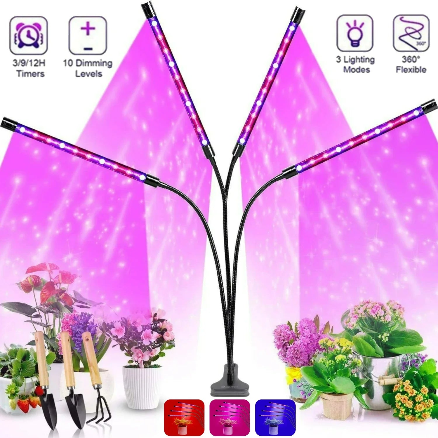 LED Plant Growth Light with 10 Levels Adjustable Brightness Full Spectrum 3H/9H/12H Timed Indoor Garden Vegetable Growth Light