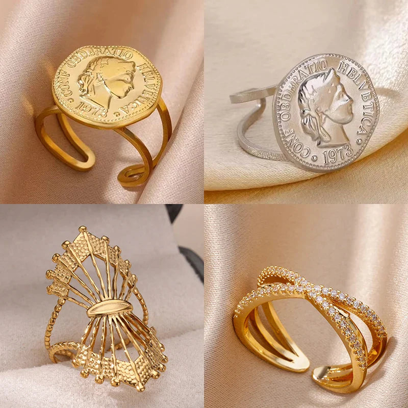 Stainless Steel Round Portrait Open Rings For Women Gold Color Adjustable Wedding Aesthetic Ring Party Fashion Jewerly Gift BFF