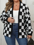 Plus Size Plaid Open Front Knitted Cardigan