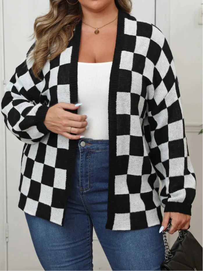 Plus Size Plaid Open Front Knitted Cardigan