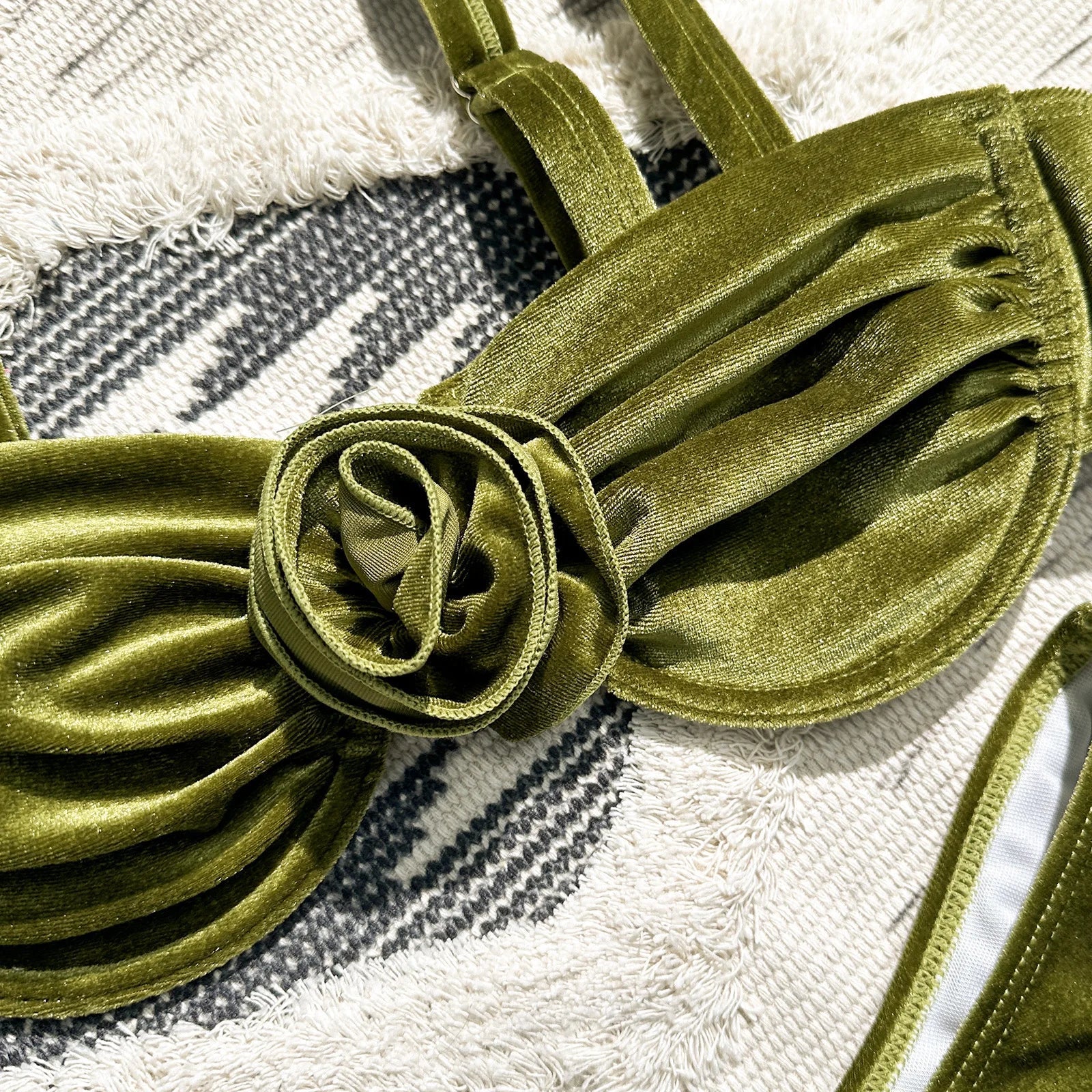 Green flower push up velvet two piece swimsuit