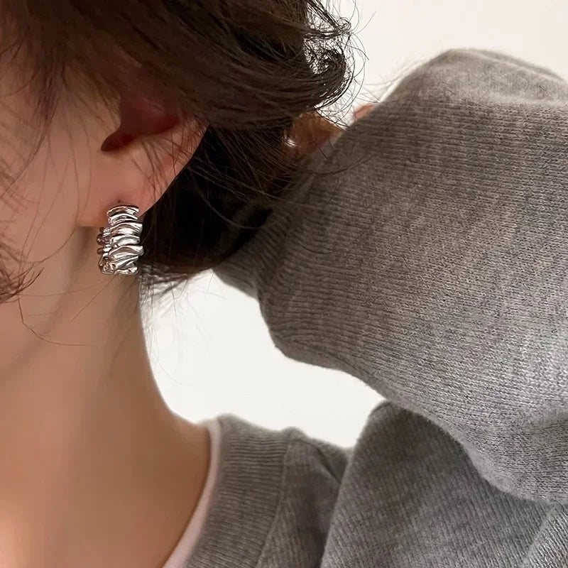 Personality Irregular Wavy Pleated Hoop Earrings for Women New Charm Gold Color Stainless Steel Dangle Jewelry Accessories Gift