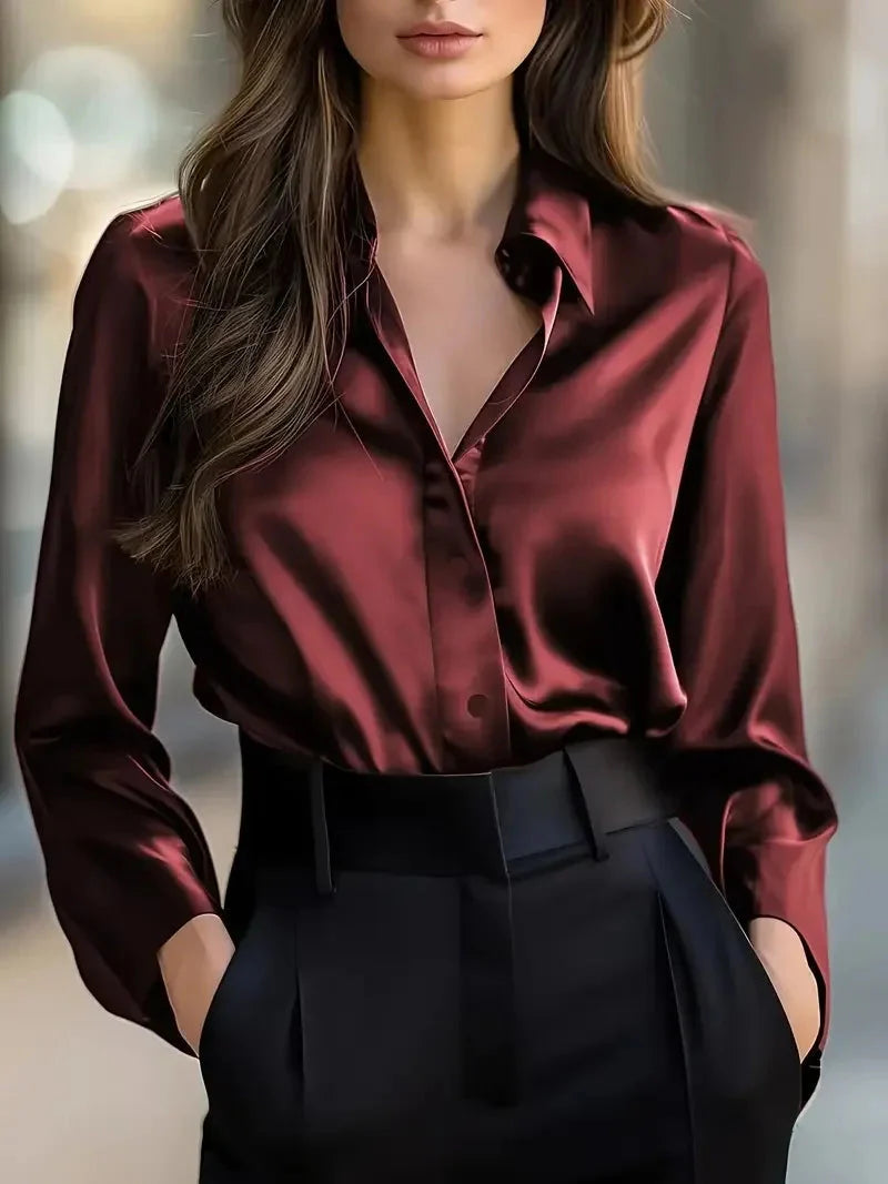 Women's Classic Satin Button Down Shirt Long Sleeve Lapel Blouse - Image 6